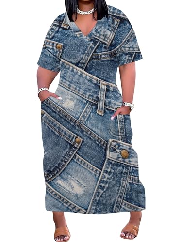 Image of SUZONANA Plus Size Denim Print Maxi Dresses for Women Casual V Neck Short Sleeve with Pockets Soft Jean Look Dress XL-6XL