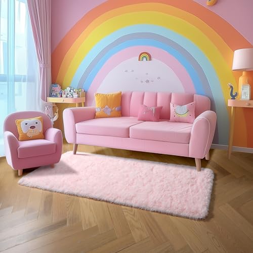 Amdrebio Pink 2x6 Runner Rugs for Girls Bedroom, Fluffy Shaggy Bedside Area Rug for Kids Room Decor, Cute Shag Fuzzy Carpet for Living Room Baby Nursery Teens Preppy Dorm Classroom Playroom, Washable