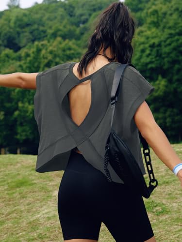 Image of SENSERISE Womens Open Back Workout Tops Backless Short Sleeve Athletic Shirt Running Crop Top Gym Yoga Tee