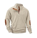 UNQPJUS Men's Fashion Corduroy Sweatshirt Long Sleeve Button-Down Shirt Stand Collar Pullover Sweater Beige