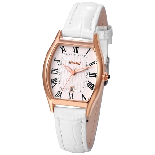 Silverora Damenuhren Rechteckig Uhren Damen: Datum Kalender Klein Tonneau Analoge Quarzwerk Armbanduhren PU Lederarmband Uhr mit römische Ziffern Geschenke für Frauen weiß