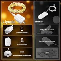Liyade Mini Lichterkette 2 m 20 LED, USB-aufladbar, Timer, 3er-Set – Ansicht 2
