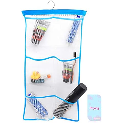 Phying Mesh Bath Organizers for Shower with Hook, Quick Dry Hanging Shower Caddy College, Bath Storage with 6 Pockets for College Dorm Rooms, Bathroom Cover