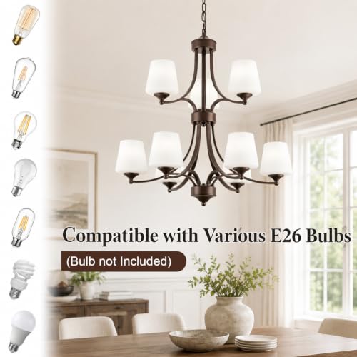 Image of 2 Tier Oil Rubbed Bronze Chandeliers 9 Light Large Modern Farmhouse Chandeliers for Dining Room Lights Fixture with Frosted Glass 47 inch Retro Chandeliers for Living Room Staircase, Height Adjustable