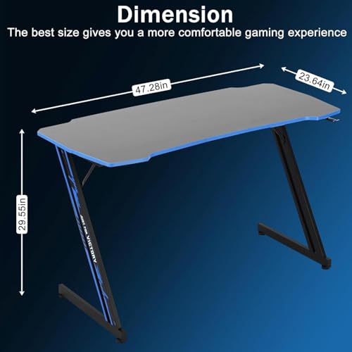 Image of 47 Inch Modern Gaming Desk for Home Office, Z Shaped Computer Desk for Teen, Large PC Gaming Table Adjustable Feet with Headphone Hook & PVC Surface