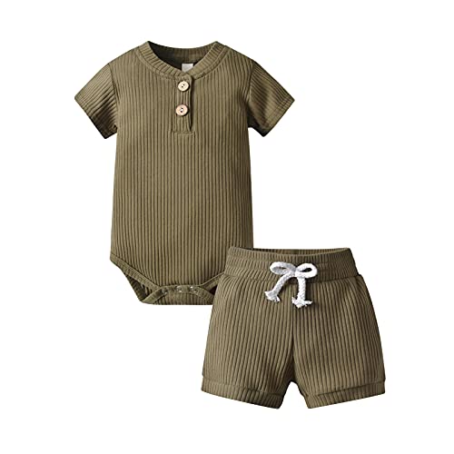 Image of Derouetkia Summer Newborn Baby Boy Girl Clothes Solid Color Ribbed Romper and Shorts Outfits Set
