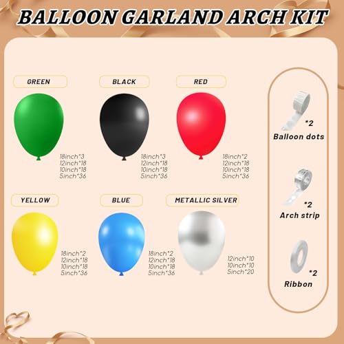 Image of 412Pcs Red Blue Yellow Green Black Balloon Arch Garland Kit, 18 12 10 5 Inch Different Size Latex Balloons for Birthday, Video Game Themed Party