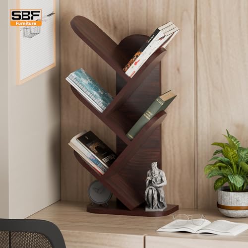 Image of SBF Furniure 5-Tier Modern Tree Bookshelf - Freestanding Black Bookcase for Home & Office | Space-Saving Vertical Display Shelf for Books, Decor & Plants (Brown)