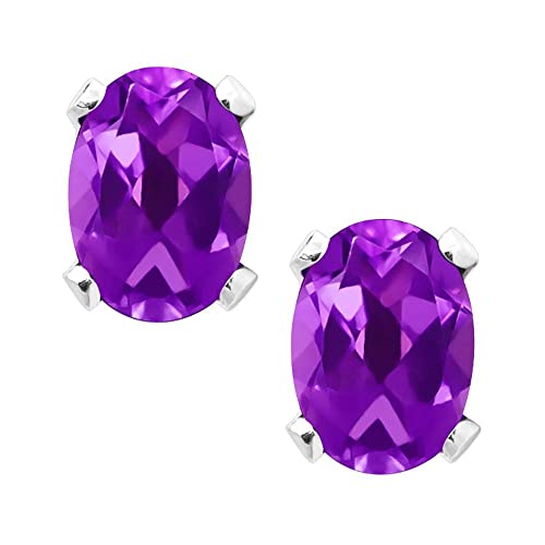 Gem Stone King 1.50 Ct 7X5mm Purple Amethyst 925 Sterling Silver Stud Earrings For Women Men