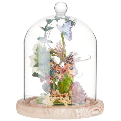 BENECREAT Cúpula de cristal Cloche de 140 x 195 mm con mango redondo, cubierta de cristal de flor eterna con base de madera para muestras plantas, decoración DIY