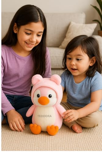 Image of Hoddie Penguin Soft Toy for Girls Boys Kids, Pink, Animal Plush Stuffed Baby Teddy Gift Birthday, 23 cm