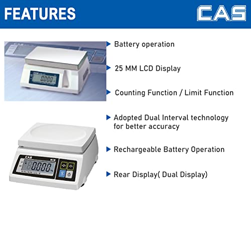 Image of CAS SW 1kg x 100mg Digital Table Top Weighing Scale With Front And Back LCD Display Pan For Retail Shops and Commercial Purposes (9x8 Inches, Off White)