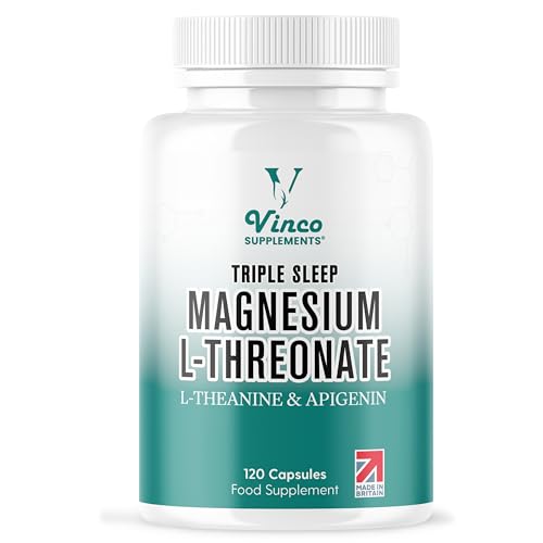 Vinco Triple Magnesium L-Threonate with L-Theanine & Apigenin – 120 Capsules - 3-in-1 Apigenin Threonate Supplements for Sleep & Relaxation - Triple Magnesium Complex Made in The UK