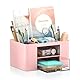 Lenfuos Schreibtisch Organizer mit 2 Schubladen, 360 Grad drehbarer Büro-Organizer Stifthalter, 5 Sortierfächer für Stifte, Hefter, Haftnotizen, Platzsparendes Desk Organizer (Rosa Quadrat)