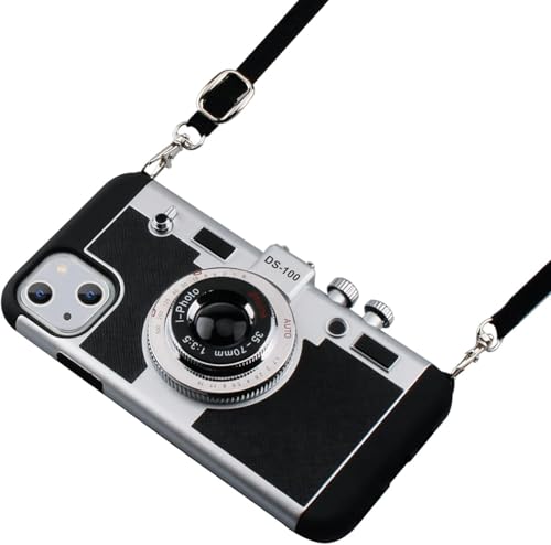 Image of Nova Treasure Compatible with iPhone 14 Vintage Camera Silicone Back Cover Case with Adjustable Crossbody Lanyard Strap for Girls & Women | Protective Phone Cover | Free Tempered Glass | Black