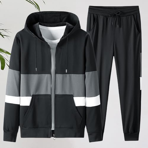 Hooded Tracksuit Set for Men Zipper Drawstring Long Sleeve Sweatshirt Jogger Trousers Workout Sport Outfits Plus Size2