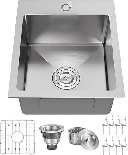 VALISY 15x17 Inch Bar Sink Drop In, Topmount Kitchen Sink Stainless Steel Square Small Sinks, Single Bowl Kitchen Sinks for Laundry Wet Bar Prep RV Office Outdoor Yard with Grid & Drain