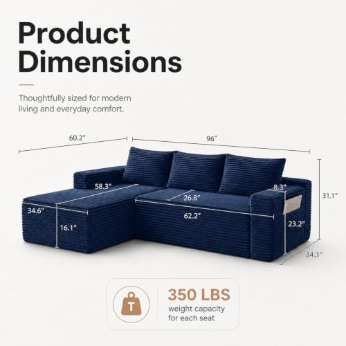 Image of 96 inch Boneless Couch, Modular L-Shaped Cloud Sectional Sofa, Blue