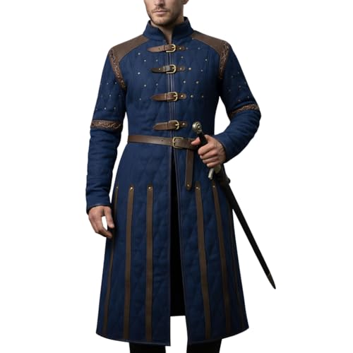 Medieval Gambeson for Men Quilted Padded Blue Gambeson with Leather Straps - Renaissance LARP Cosplay Armor (Large)