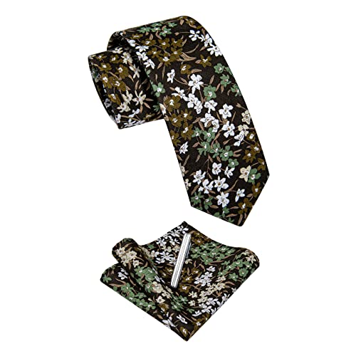 Image of YourTies Cotton Floral Tie for Men 2.5 inch Printed Skinny Necktie Pocket Square Tie Clip Set Flower Wedding Party Groom