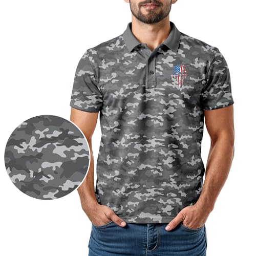 Image of Patriotic USA Golf Polo Shirt - Men's Performance Short Sleeve Moisture Quick Dry Fit Athletic Veteran UPF Stretch Casual Fun