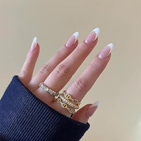 Kugge Short Press On Nails Almond, 24PCS Pink White French Fake Nails Kit with Nail Glue and Adhesive Jelly Glue, Gel Made Reusable Glue On False Nails for DIY Manicure at Home(Short Almond French) Cover