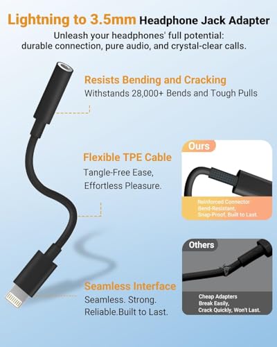 Adaptateur Lightning vers prise casque 3,5 mm noir pour écouter la musique sur iPhone 14 et 13