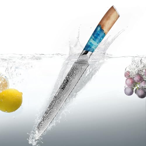 hecef Serrated Bread Knife 8 Inch – Damascus Steel Blade, Blue Resin Handle – Ultra Sharp Edge for Clean Slicing of Bread, Cake & Fruit, Stylish Gift for Home Bakers & Chefs - Image 9