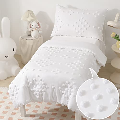4-Piece Boho Tufted Dots Toddler Bedding Set For Girls White Jacquard Pom Pom Tufts Embroidery Bed-In-A-Bag Bohemian Comforter Set For Boys Kids With Comforter, Flat Sheet, Fitted Sheet, Pillowcase #TOP26