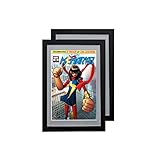 Comic Book Frame 2 Pack, MDF Wood Frame, Acid-Free Matting, 98% UV Polycarbonate Protection, Fits Comics up to 6 3/4" x 10 1/4", Fits with Comic Book Bags and Sleeves (BLACK FRAME GRAY MAT) -  WKG BRANDS