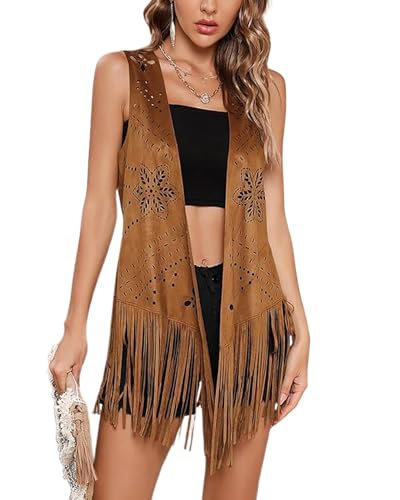 Women's Vintage Cowgirl Tassel Vests 70s Hippie Sleeveless Fringe Waistcoat Hollow Out Western Jacket Gilet