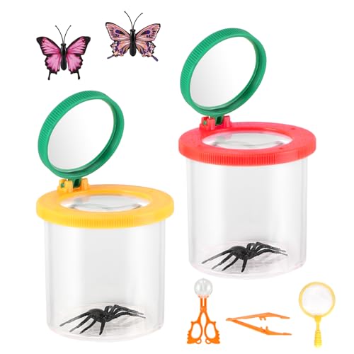 Zikenis 2 Stück Becherlupe Set,Insektenfänger,Becherlupen für Kinder Lupenbecher Insektenfänger,mit Schmetterlingsfangnetz,Pinzette,Kleinkindspielzeug,für Kinder Outdoor Wissenschaft Natur Erkundung