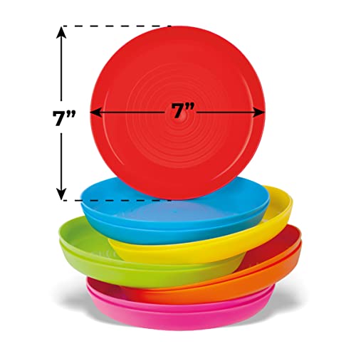 Plaskidy Kids Plates Set Of 12 Toddler Plastic Plates - Bpa Free Microwave And Dishwasher Safe Reusable Plastic Children's Plates Brightly Colored 7 Inch Dinner Plates #TOP3