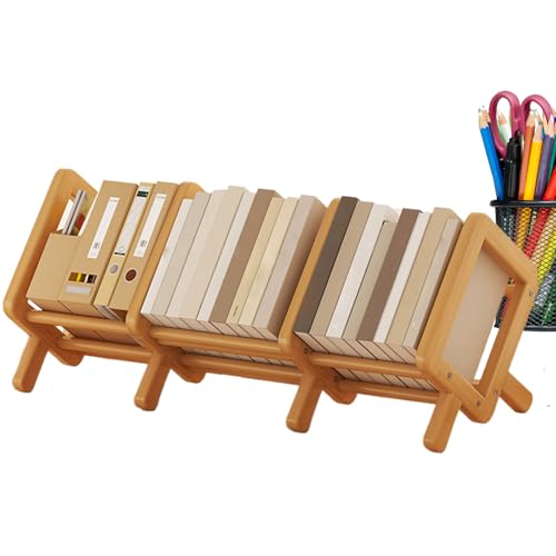 Bücherregal für Schreibtisch - Verstellbares Holz -Desktop -Bücherregal mit einziehbarem Design | Platz sparendes Lagerregal für Bücher, Schreibwaren und dekorative Gegenstände, kompakter Display-