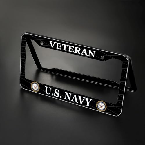 Image of 2PCS License Plate Frames for Veteran U.S.Navy,Car License Plate Bracket Holder, Premium Aluminum Alloy Weather Proof License Plate Covers with Screw Caps Cover Set Car Accessories
