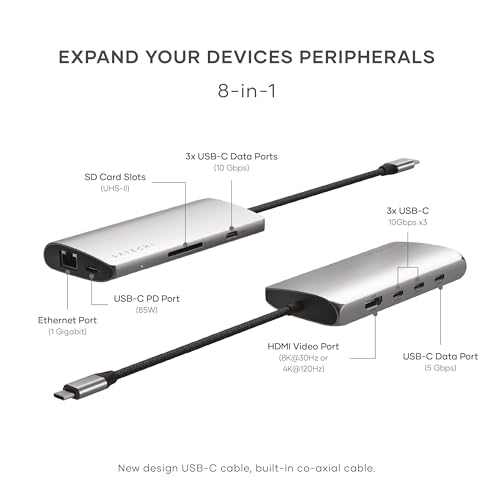 SATECHI 8 in 1 USB C Hub Adattatore Multiporta V3, HDMI 8K@60Hz, Ricarica da 100W, 4 Porte Dati USB, Ethernet, Lettore di Schede SD per Laptop, MacBook Air e Pro M5 M4, iPad, Windows - Grigio Siderale - Hub USB - Immagine 1