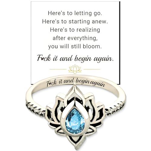 Fuck It And Begin Again Lotus Ring, Lotus Fuck It And Begin Again Keep Fucking Going Rings High Polish Zircon Inlaid Inspirational Engraved Jewelry For Women New Year Gift New Beginning (Blue Topaz, 9)