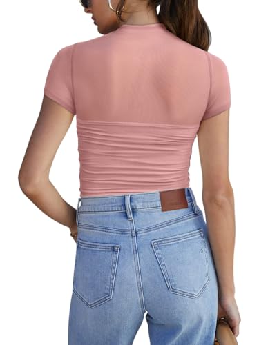 Image of REORIA Women's Sexy Mock Turtle Neck Short Sleeve Shirts Sheer Mesh Ruched Trendy Going Out Bodysuits Tops