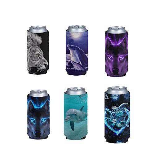Pizding Can Cooler Coozie - Botellas para beber, con diseño de delfines de lobo, fundas estándar delgadas, para 12, 16, 24 onzas, juego de 6 unidades Cover