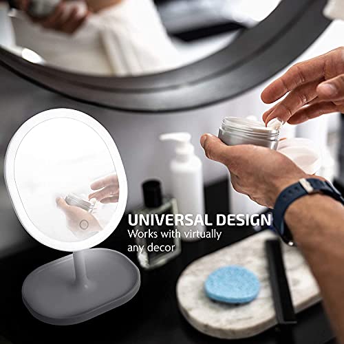 Image of OVENTE Lighted Makeup Mirror with Magnification, Rechargeable 8.5'' Vanity Table Top with Storage Tray, Dimmable Round LED, 10X Mini Magnetic Mirror, Compact for Travel, USB Powered, White MOT22W