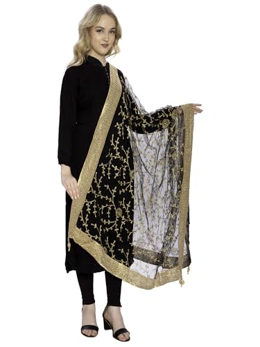 Image of ZEN APPAREL Women's Embroidered Net Dupatta with Lace Borders (Z-101) Premium Net Fabric Golden Aari Work