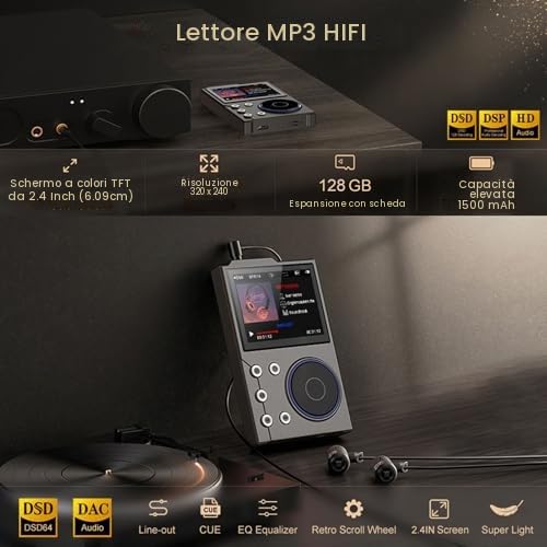 Lettore MP3 HiFi con Bluetooth, Lettore Musicale Audio Digitale Ad Alta Risoluzione DSD Lossless, Lettore Audio Portatile con Scheda di Memoria da 16 GB, Supporto Fino a 256 GB