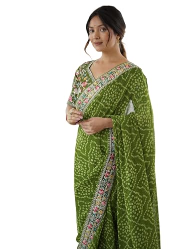 Image of Satrani Women's Georgette Bandhani Printed Sequin Embroidery Saree with Unstitched Blouse Piece