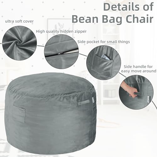 HABUTWAY Bean Bag Chair 3Ft Luxurious Velvet Ultra Soft Fur with High Rebound Memory Foam Bean Bag Chairs for Adults Plush Lazy Sofa with Fluffy Sponge 3' (Light Grey)