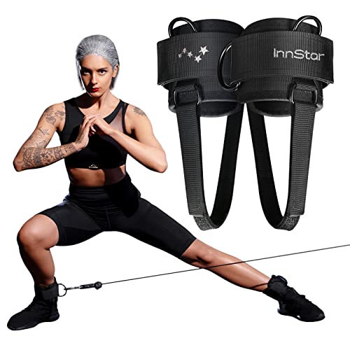 INNSTAR Fußschlaufen Kabelzug, Ankle Straps für Cable Machines mit Fixseil & Verstellbarer D-Ring, Fußmanschetten für Fitness Training, Frauen und Männer Gesäßmuskeln und Beintraining(1 Paar Silber) Cover