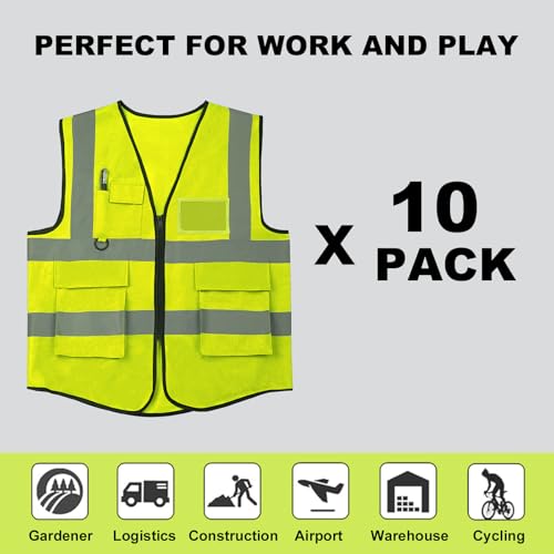 Image of 10 Pack Reflective Safety Vests with Pockets & Zipper, High Visibility Yellow Construction Vest for Men Women, Durable ANSI Class 2 Work Vest Strips Vests for Outdoor Work