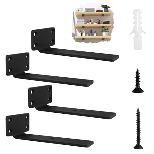 CYEER 4 Pack Floating Shelf Bracket, 6 Inch Heavy Duty L Brackets, Black Invisible Shelves Bracket Wall Shelving Bracket for Shelves Support Wall Hanging-5mm Thick