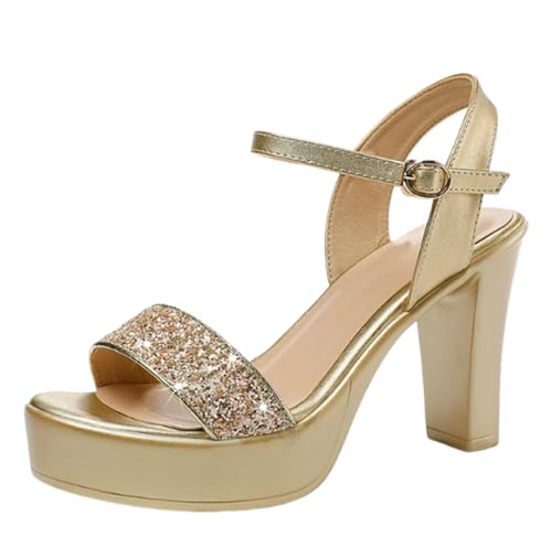 OTMYIGO Klackskor för kvinnor Blockplattform Höga, Grova Klackar Med Ankelremmar Öppen Tå Bröllopsfest Kväll Bal Dans Klänning Pumps,Gold 13cm,42 EU