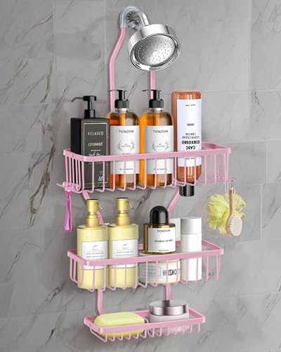 MSAICOE Pink Shower Caddy for Bathroom - Never Rust Hanging Shower Organizer with Soap Basket and Hooks - Large Capacity 3 Tier Aluminum Over The Showerhead Caddy