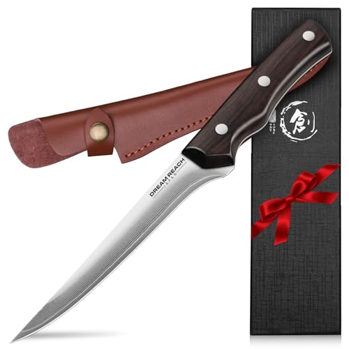 Dream Reach Boning Knife for Meat Cutting Japanese High Carbon Steel Deboning Knife with Sheath-Razor Sharp 6 inch Fillet Knife Brisket Trimming Knife for Kitchen Outdoor (Flow Series1), Silver